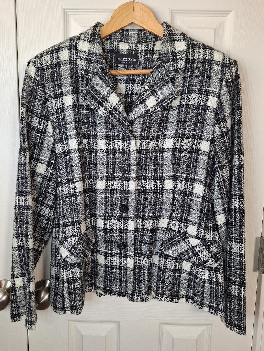 ELLEN FIGG Vintage Grandmacore Plaid Blazer in Black & White Size 12